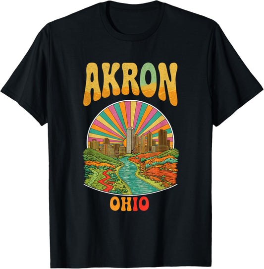 Vintage Akron Ohio Sunset Skyline Cityscape T-Shirt - T-Shirt | Black