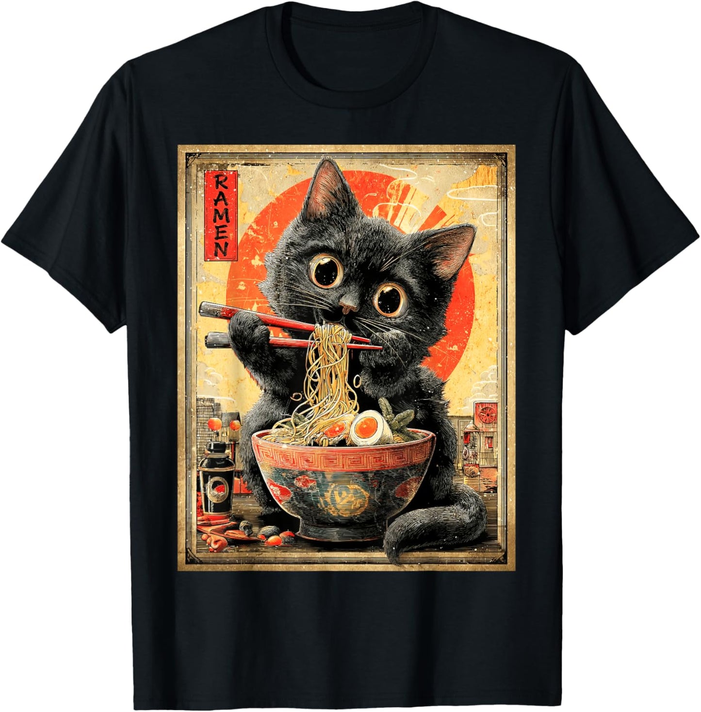 Funny Ramen Cat Anime Otaku Noodles Graphic T-Shirt - T-Shirt | Black