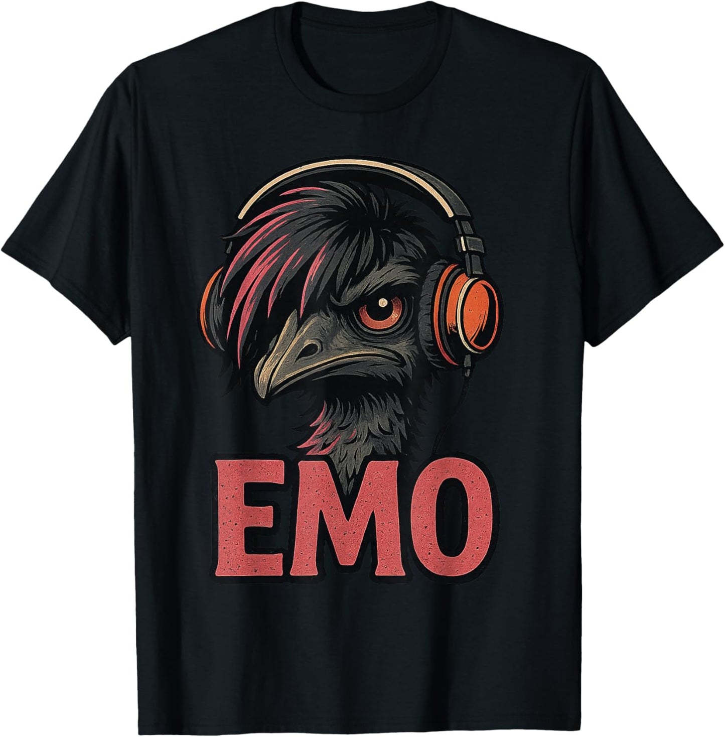 Emo Emu Vibes Alternative Bird with Headphones Retro Design T-Shirt - T-Shirt | Black