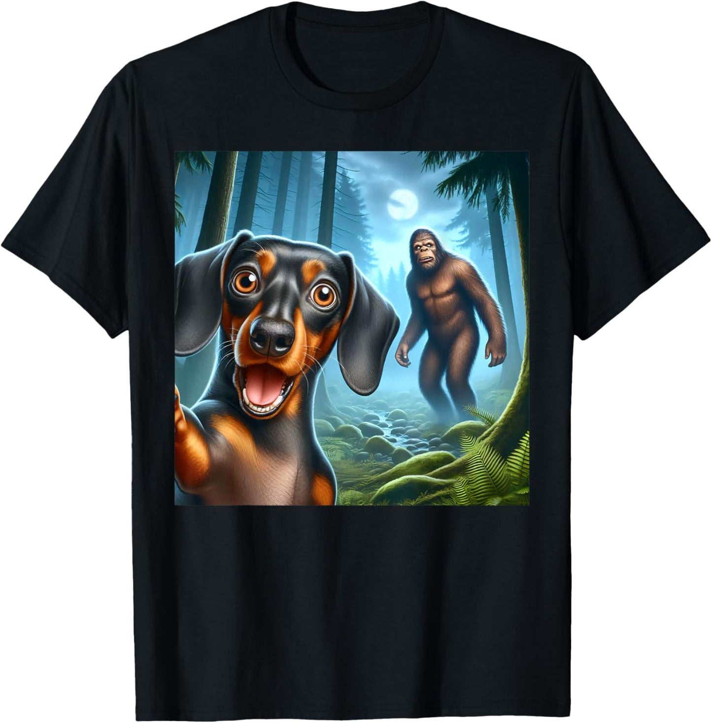 Dachshund Selfie with bigfoot sasquatch T-Shirt - T-Shirt | Black