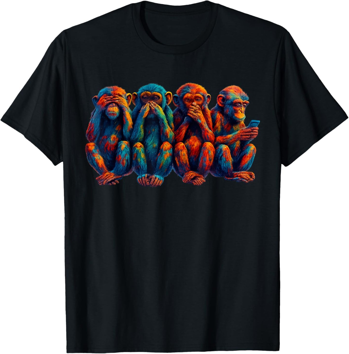 Three Wisdom Monkeys Use A Smartphone. Funny Four Wise Monkeys T-Shirt - T-Shirt | Black