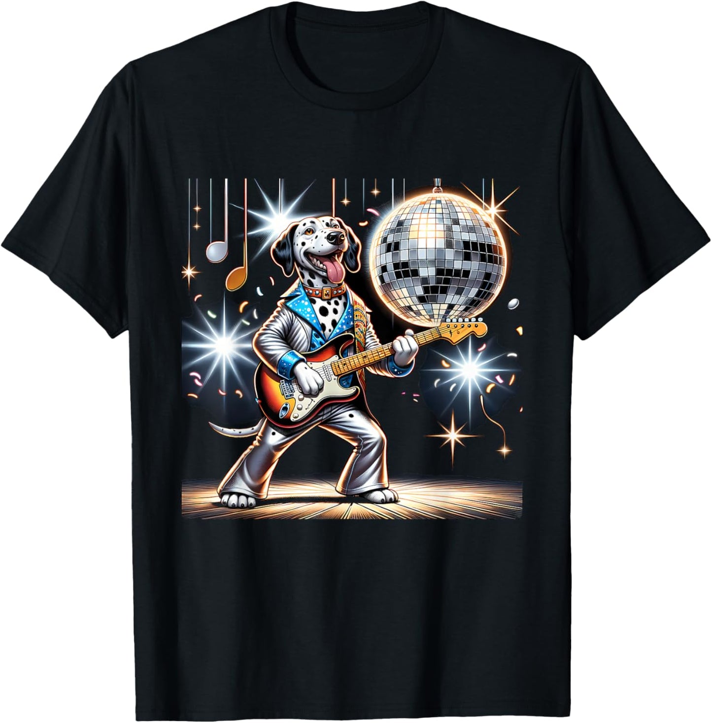 Disco Ball Guitar Dalmatian Dog T-Shirt - T-Shirt | Black