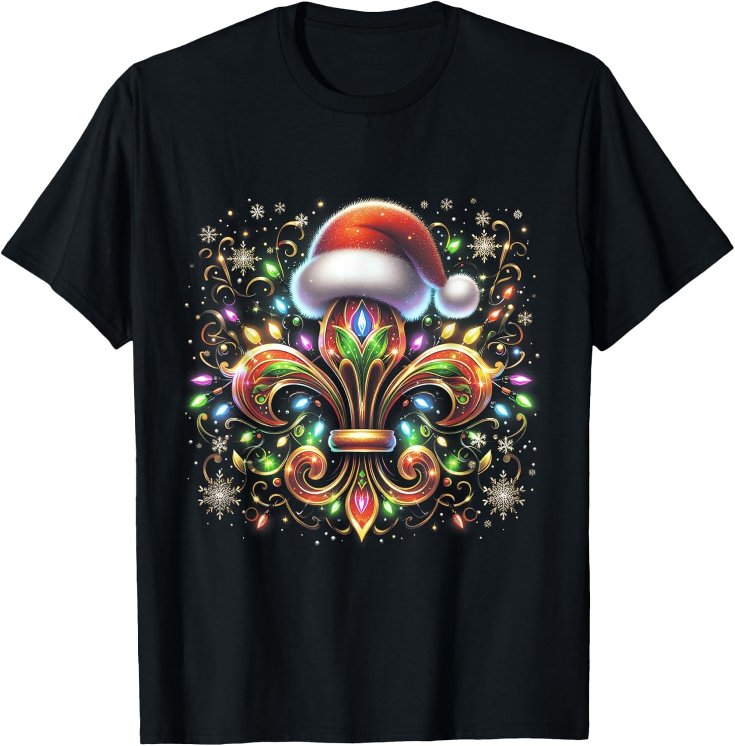 Fleur De-Lis Christmas Ornament with Santa Hat Xmas Lights T-Shirt - T-Shirt | Black