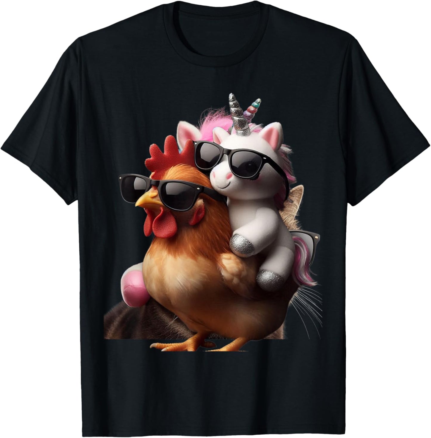 Unicorn Riding Chicken Boys Girls Women Kids Teens Rainbow T-Shirt - T-Shirt | Black