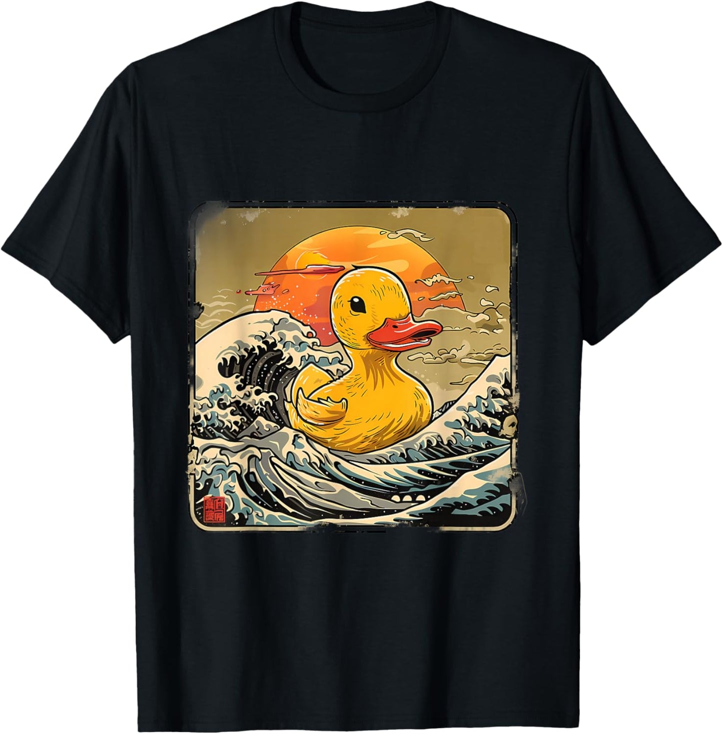 Rubber Duck Great Wave Ocean Sunset Drawing Rubber Duckling T-Shirt - T-Shirt | Black