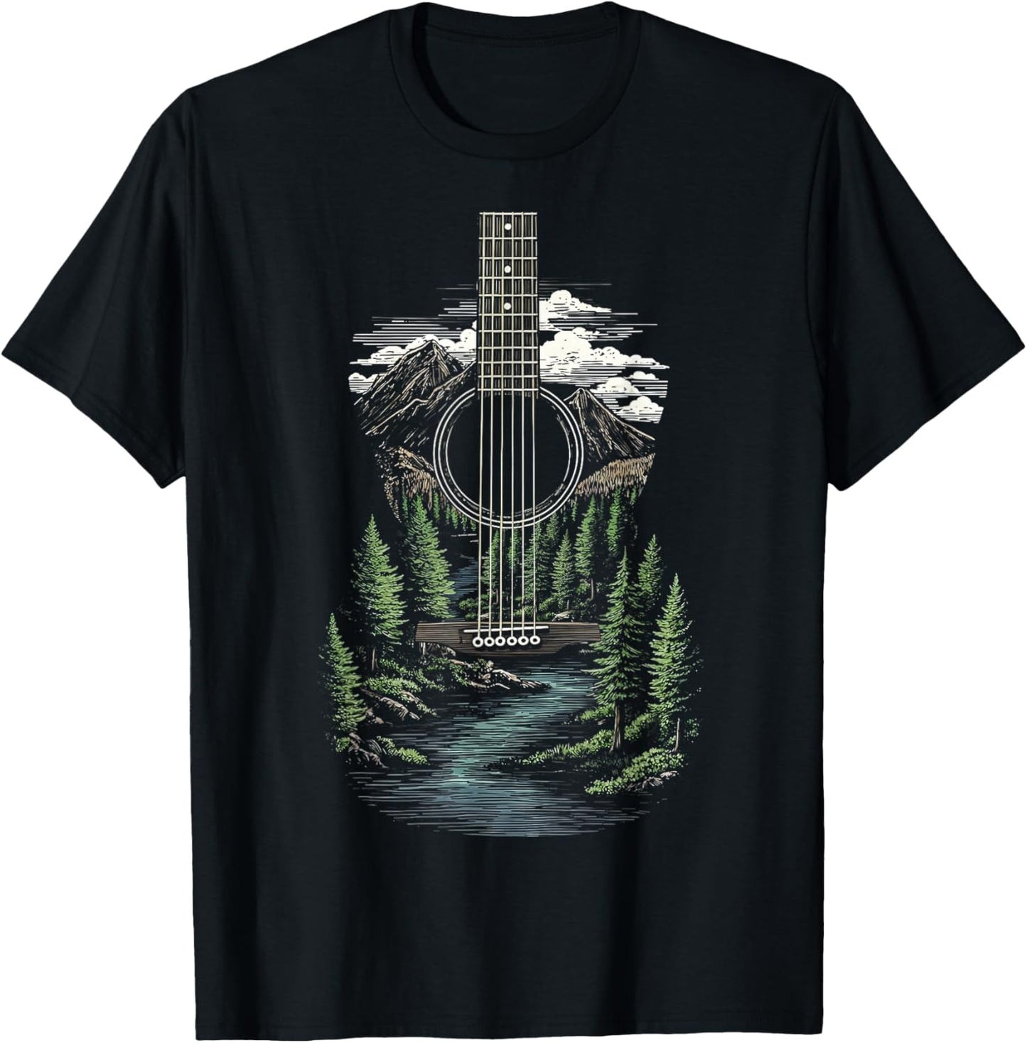 Acoustic Guitar Forest Wildlife Nature Mountain Musician T-Shirt - T-Shirt | Black