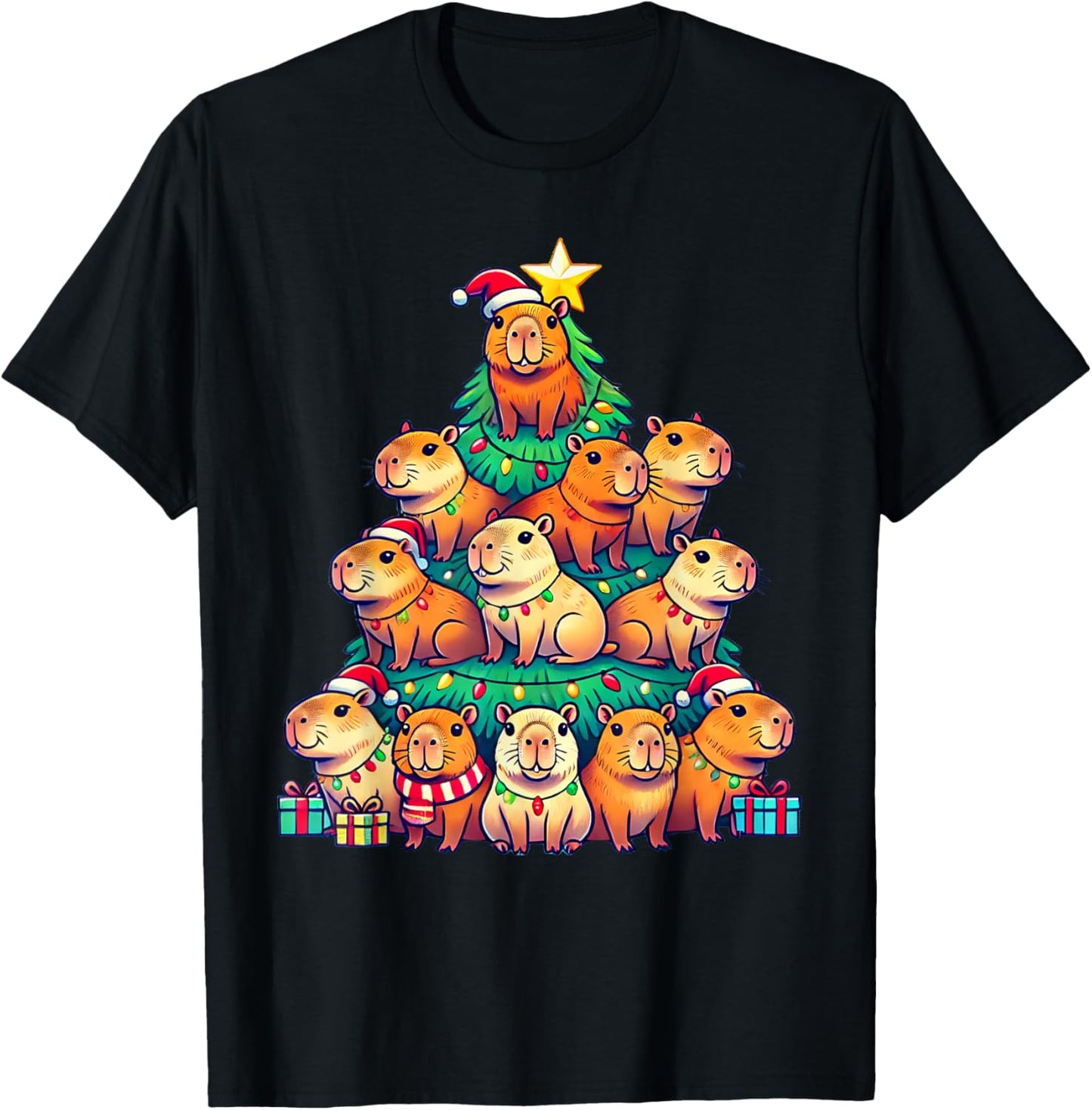 Capybara Christmas Tree Apparel -Adult Capybara Xmas T-Shirt - T-Shirt | Black