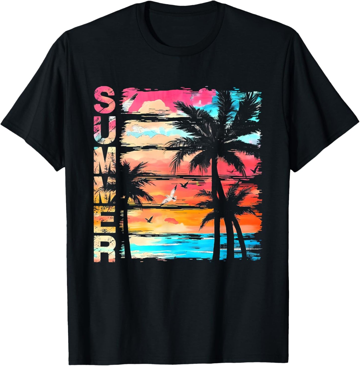 Palm Tree Retro Sunset Summer Beach Vintage Tropical Graphic T-Shirt - T-Shirt | Black