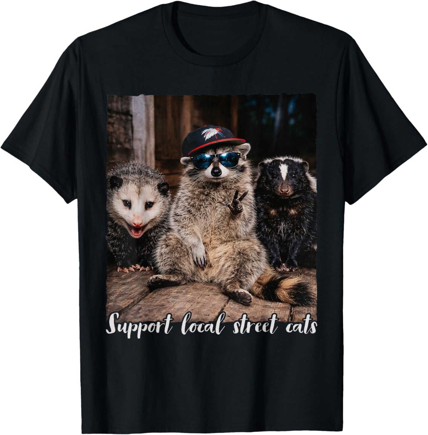 Racoon Opossum Skunk Lover Feral Support Local Street Cats T-Shirt - T-Shirt | Black