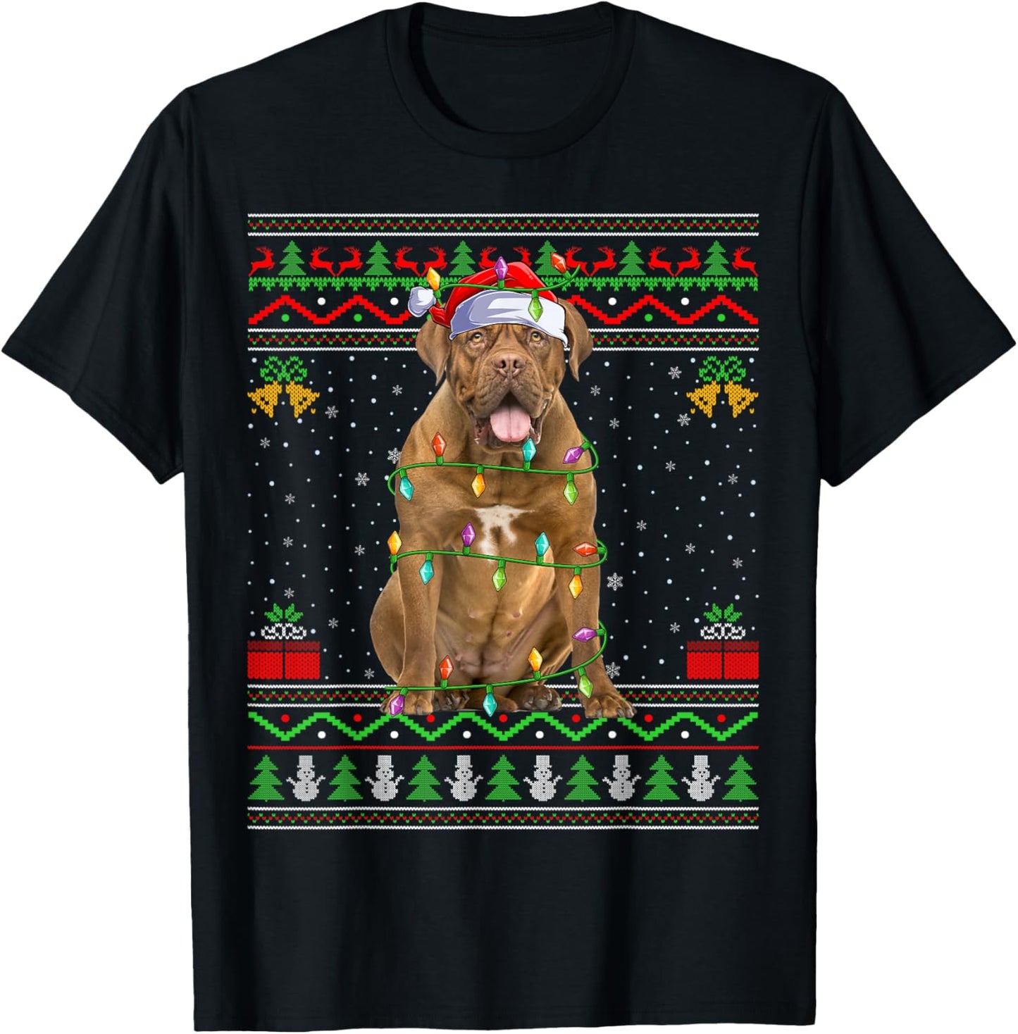 Dogue De Bordeaux Dog Christmas Lights Santa Ugly Xmas Men Women Kids T-Shirt - T-Shirt | Black