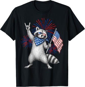 USA Flag Patriotic Raccoon Funny 4th of July Men Women Kids T-Shirt - T-Shirt | Black