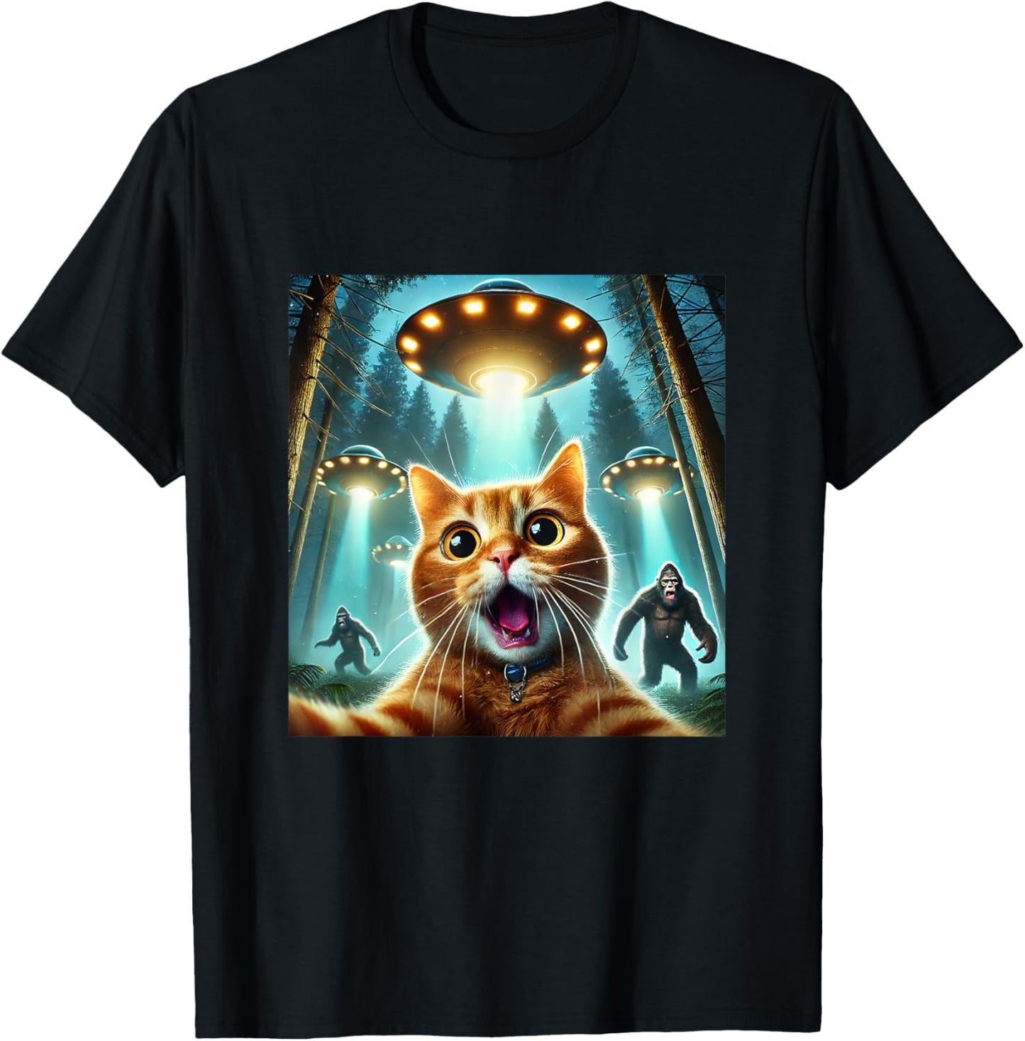 Cat Selfie With Bigfoot And Alien UFO Funny T-Shirt - T-Shirt | Black