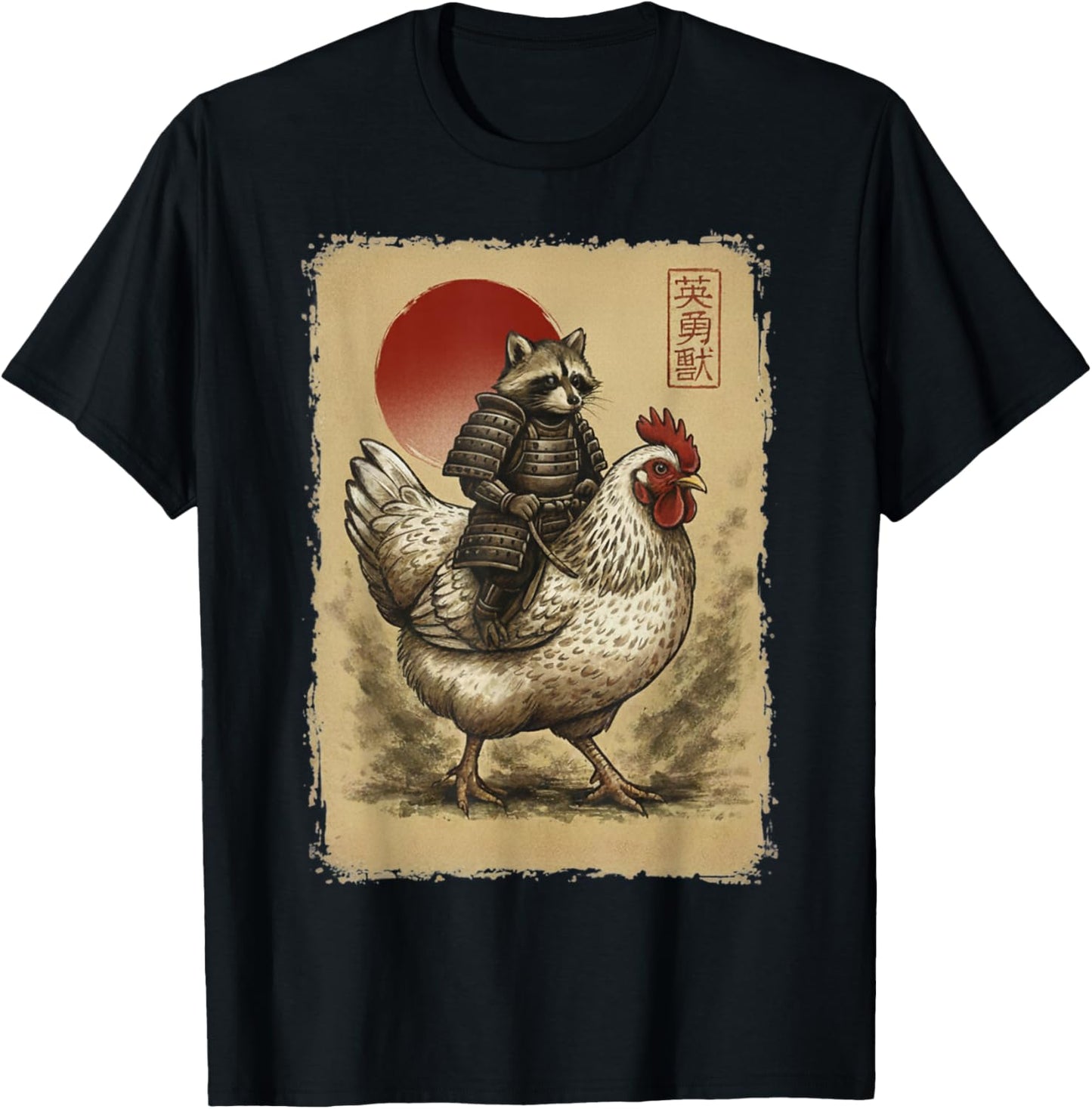Funny Vintage Samurai Raccoon Riding Chicken Japanese Art T-Shirt - T-Shirt | Black