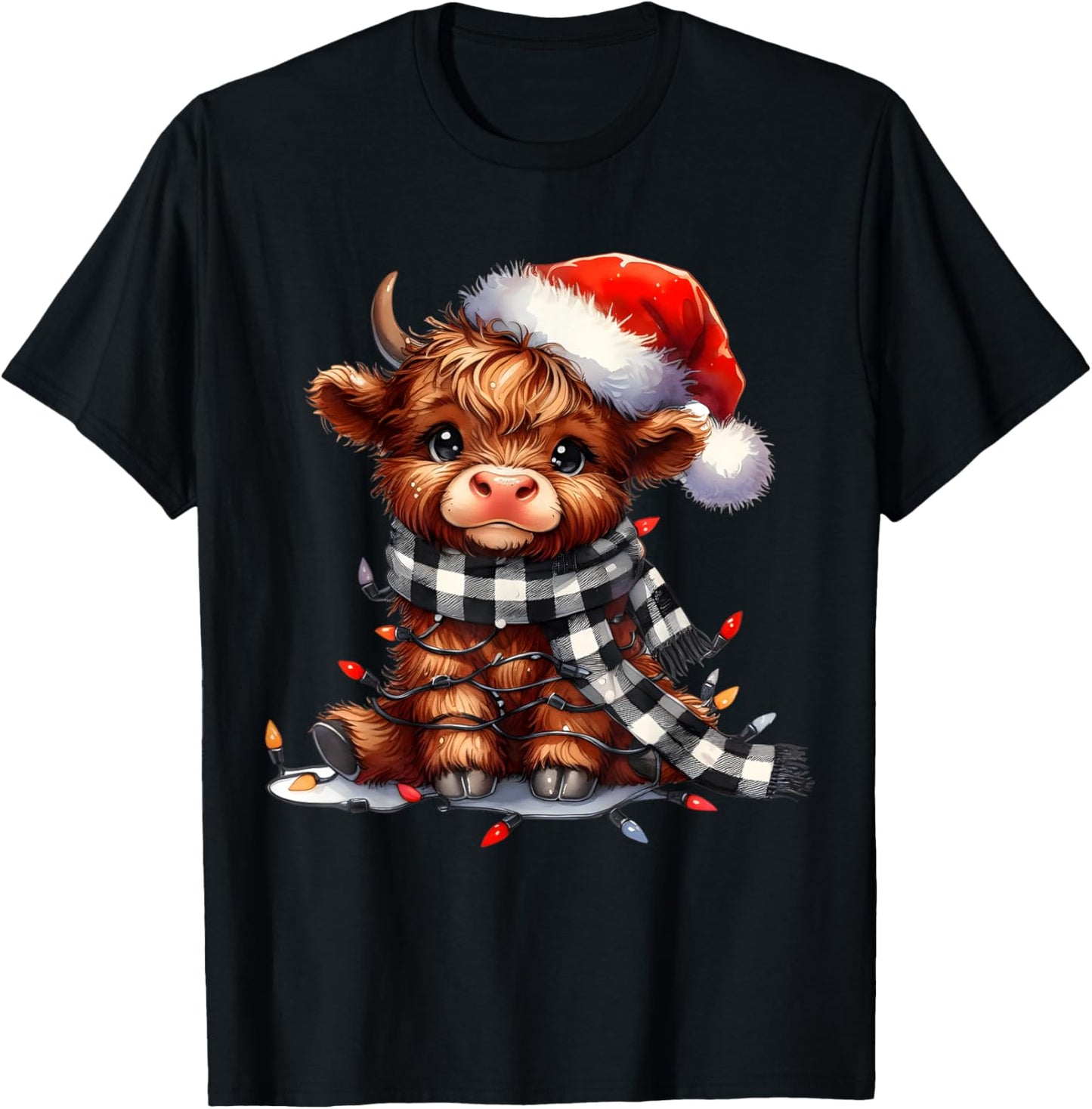 Funny Xmas Merry Moo Cows Cute Highland Cow Christmas Lights T-Shirt - T-Shirt | Black
