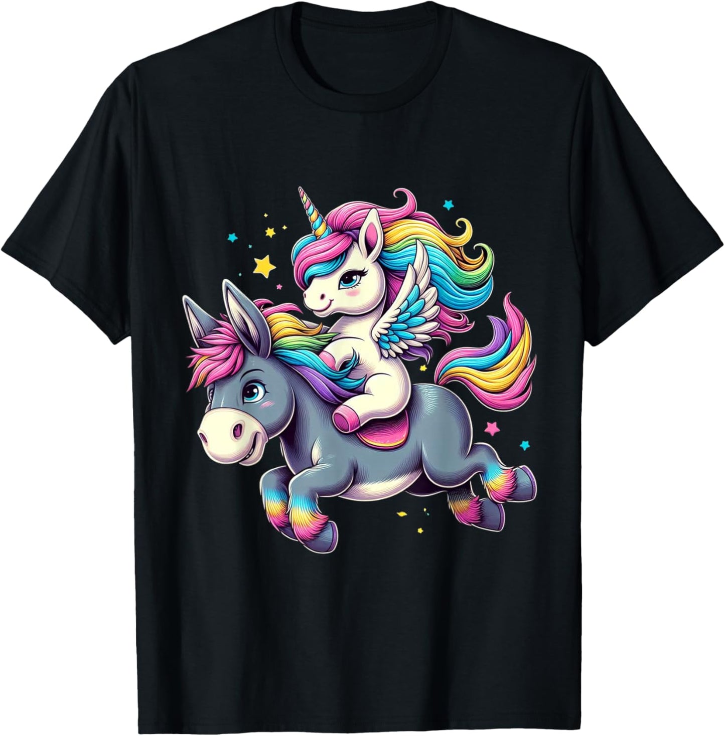 Unicorn Riding Donkey Boys Girls Men Women Kids Rainbow T-Shirt - T-Shirt | Black