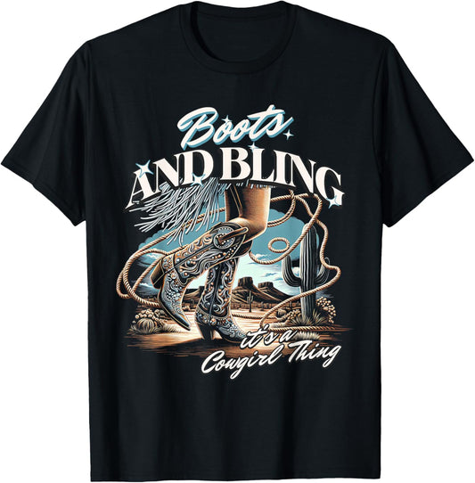 Boots & Bling its a Cowgirl Thing Cowgirl Melanin Rodeo T-Shirt - T-Shirt | Black