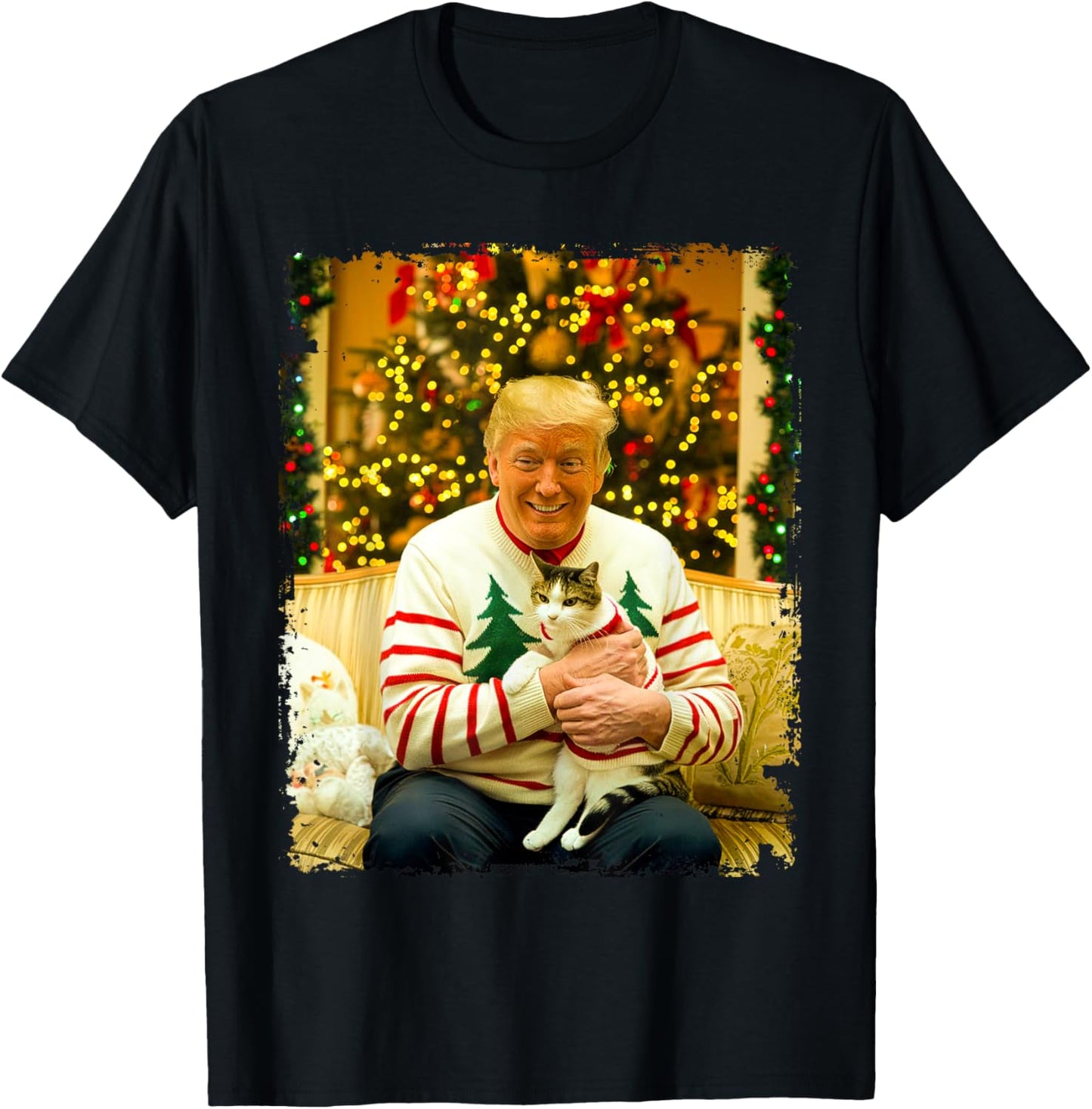 Funny Trump Christmas Sweater for Cat Lovers Xmas Pajamas T-Shirt - T-Shirt | Black