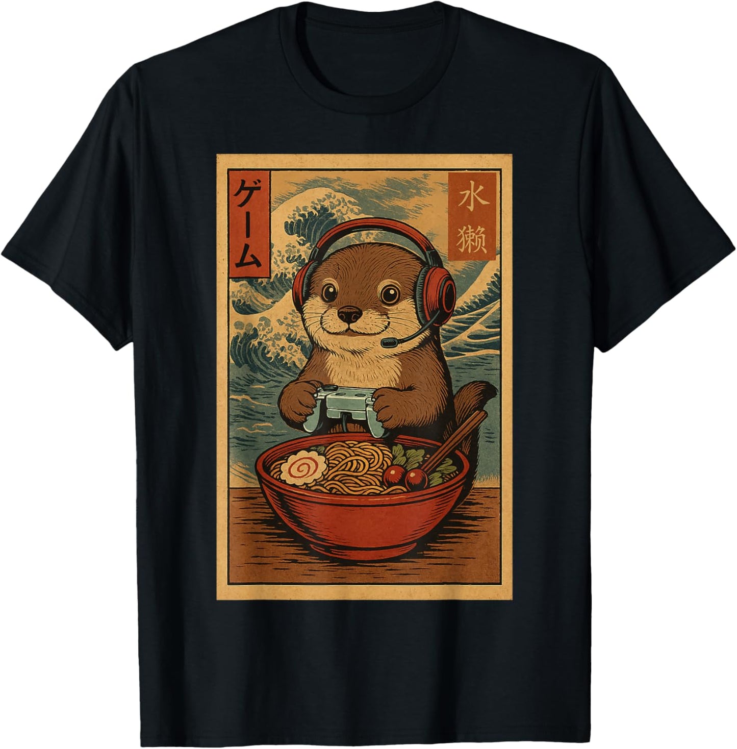 Kawaii Anime Gamer Otter Ramen Retro Japanese Gaming Funny T-Shirt - T-Shirt | Black