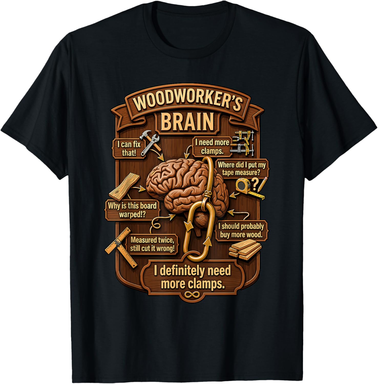 Funny Woodworker Brain Woodworking Humor Carpenter T-Shirt - T-Shirt | Black