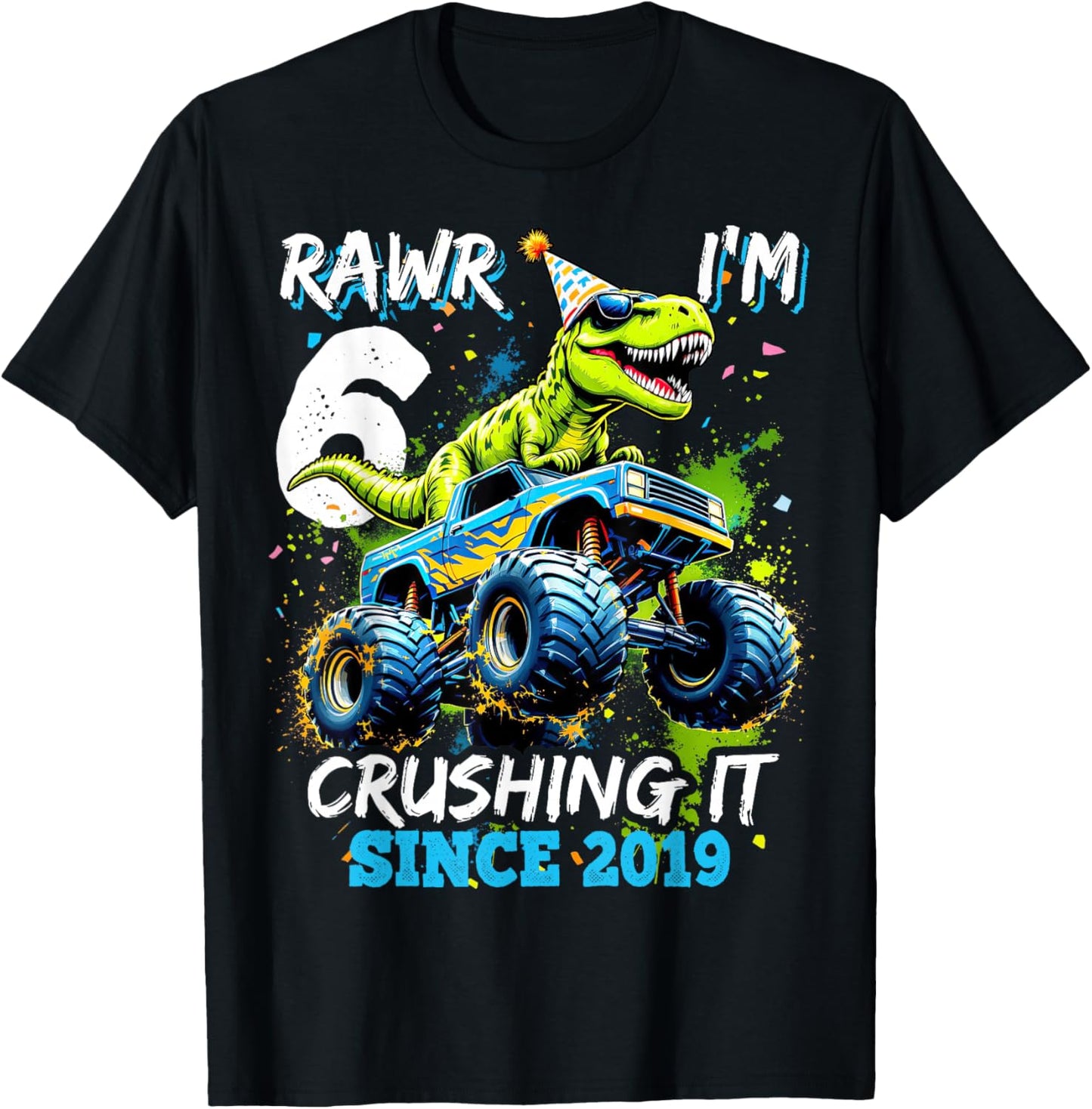 6th Birthday Monster Truck Dinosaur Party Boys Rawr I'm 6 T-Shirt - T-Shirt | Black