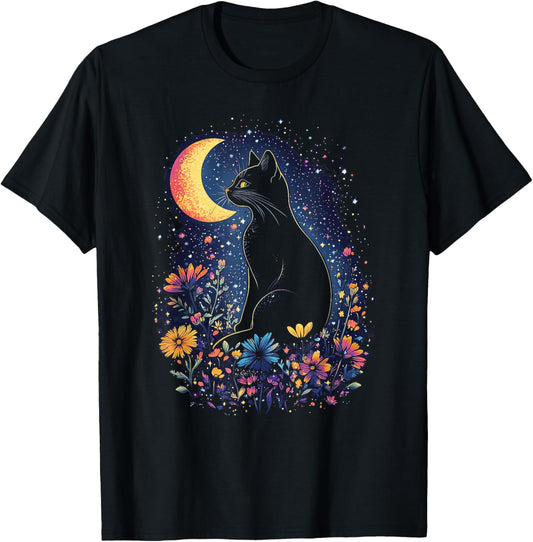 Cat Moon and Flowers Aesthetic Cottagecore inspired T-Shirt - T-Shirt | Black
