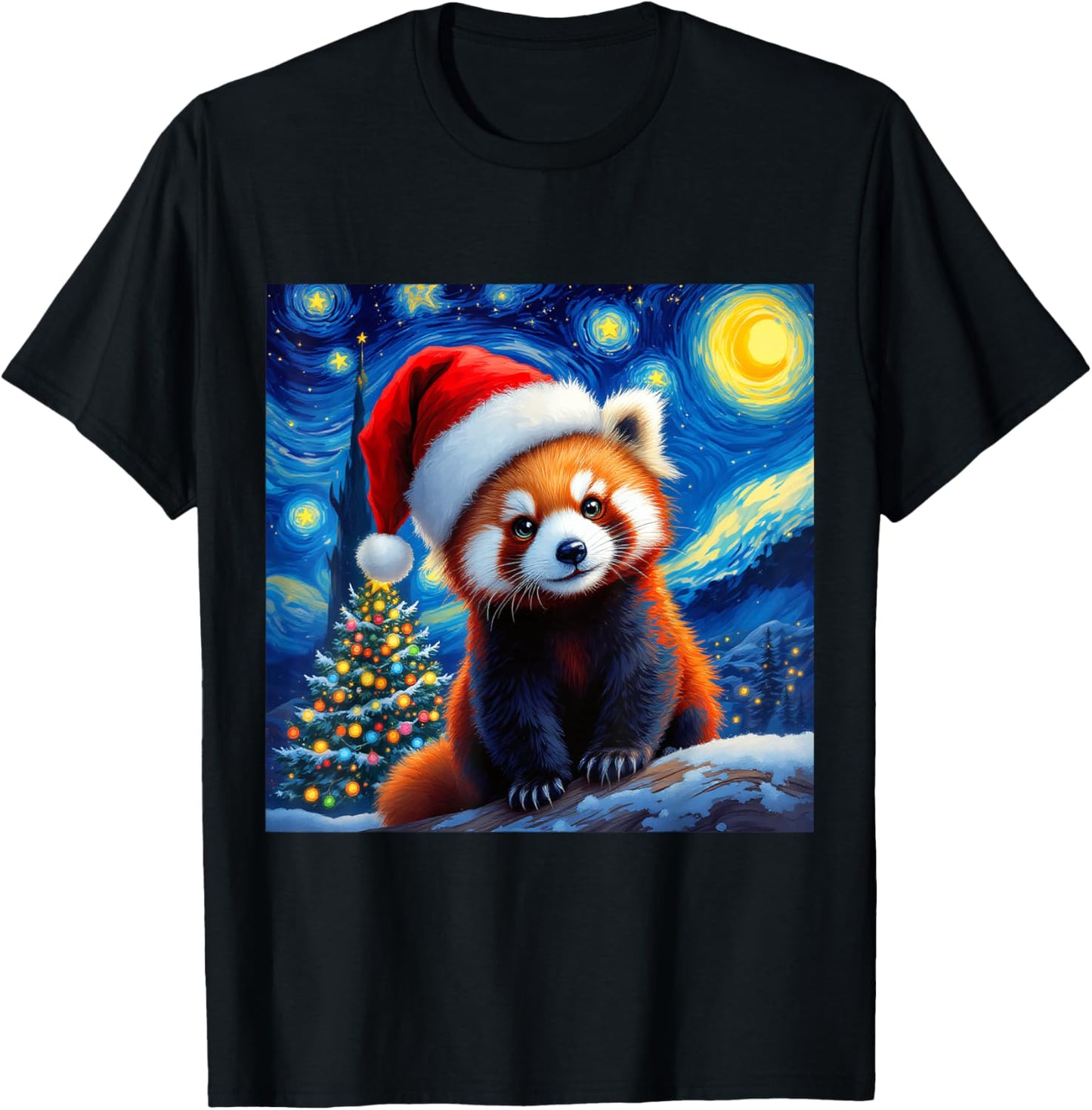 Christmas Red Panda Santa Hat Van Gogh Starry Night Holiday T-Shirt - T-Shirt | Black