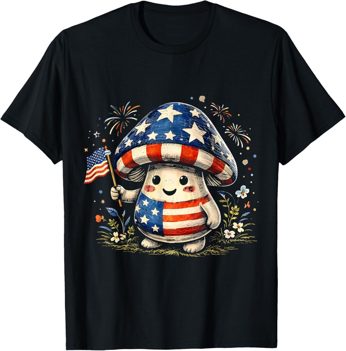 Fourth of July Patriotic American Flag Mushrooms T-Shirt - T-Shirt | Black