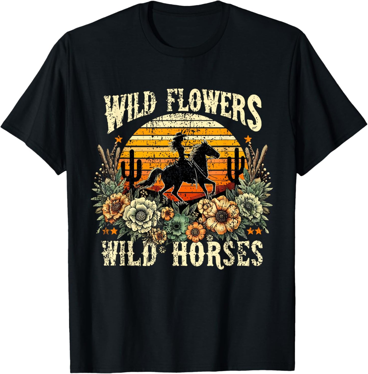 Retro Cowgirl Wild Flowers - Wild Horses Vintage Style T-Shirt - T-Shirt | Black