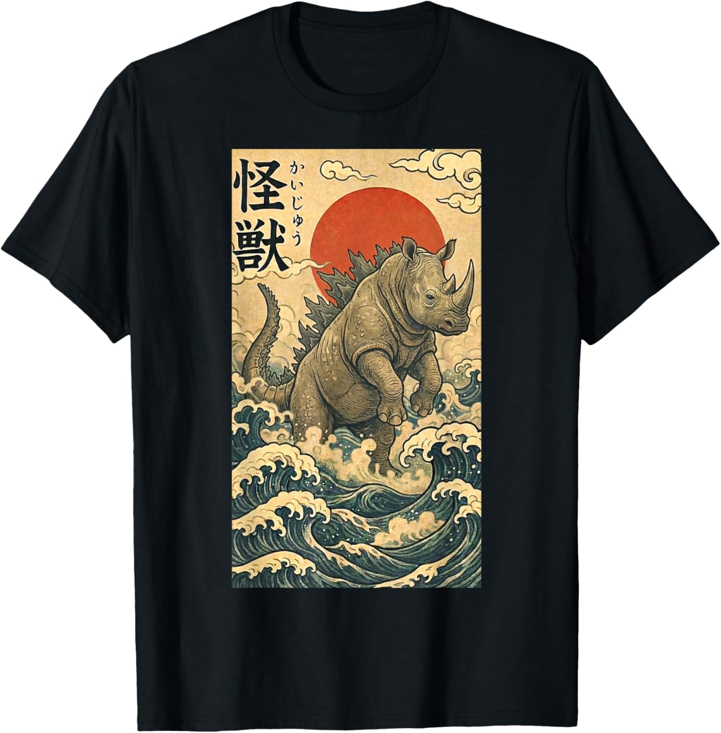 Rhinozilla Rhinoceros Japanese Art Funny Rhino T-Shirt - T-Shirt | Black