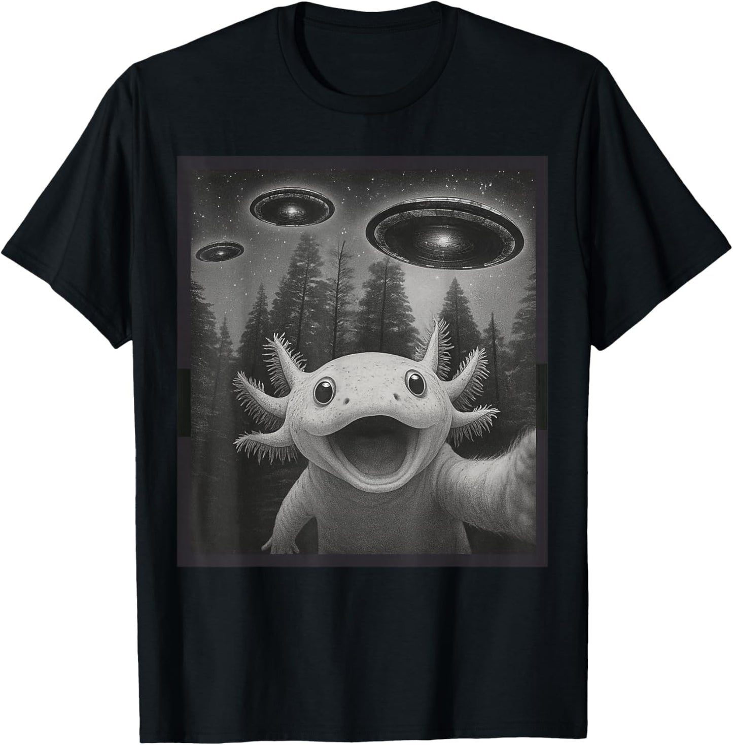 Funny Axolotl Selfie Alien UFO Gifts Women Boy Kid T-Shirt - T-Shirt | Black