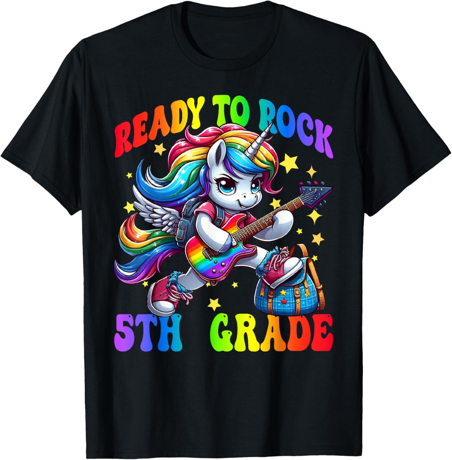 Unicorn Ready To Rock 5th Grade Back To School Rainbow T-Shirt - T-Shirt | Black