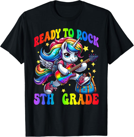 Unicorn Ready To Rock 5th Grade Back To School Rainbow T-Shirt - T-Shirt | Black