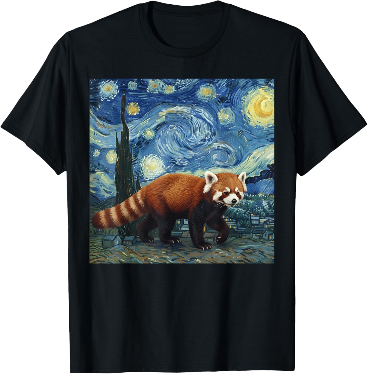 Red Panda Van Gogh Starry Night Painting Animal Art Design T-Shirt - T-Shirt | Black