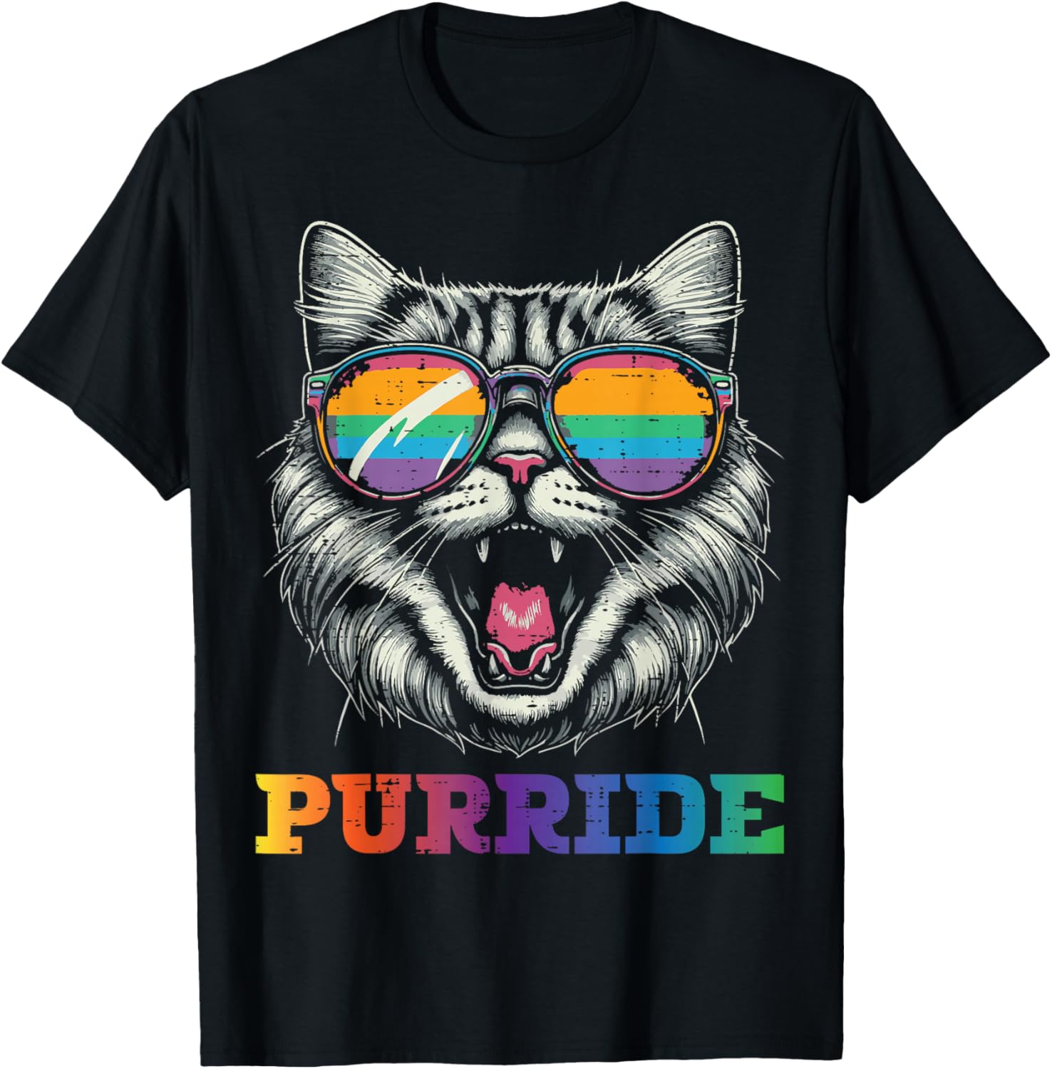 Gay Pride Month Purride Cat LGBTQ Ally Rainbow Men Women T-Shirt - T-Shirt | Black