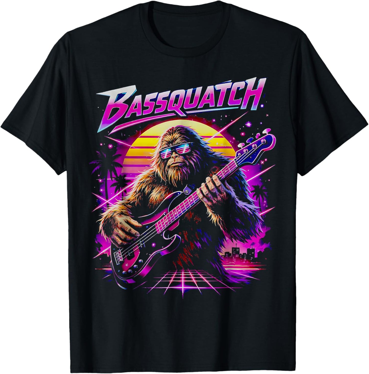 Vintage Bassquatch! Funny Bigfoot Bass Guitar 90s T-Shirt - T-Shirt | Black