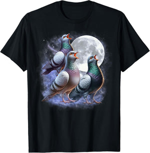 Three Pigeons Moon Funny Pigeon Howling Wolfs Moon Parody T-Shirt - T-Shirt | Black