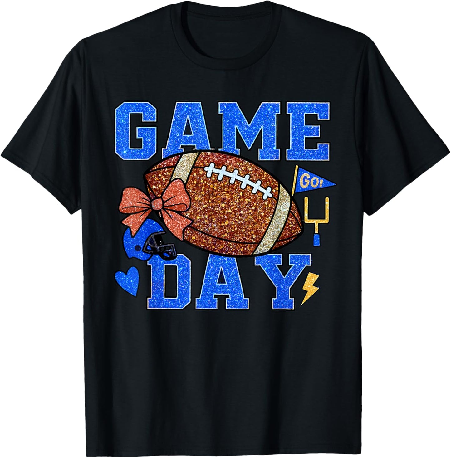 Game Day Football Season Football Mama Blue Gold Bow Girls T-Shirt - T-Shirt | Black