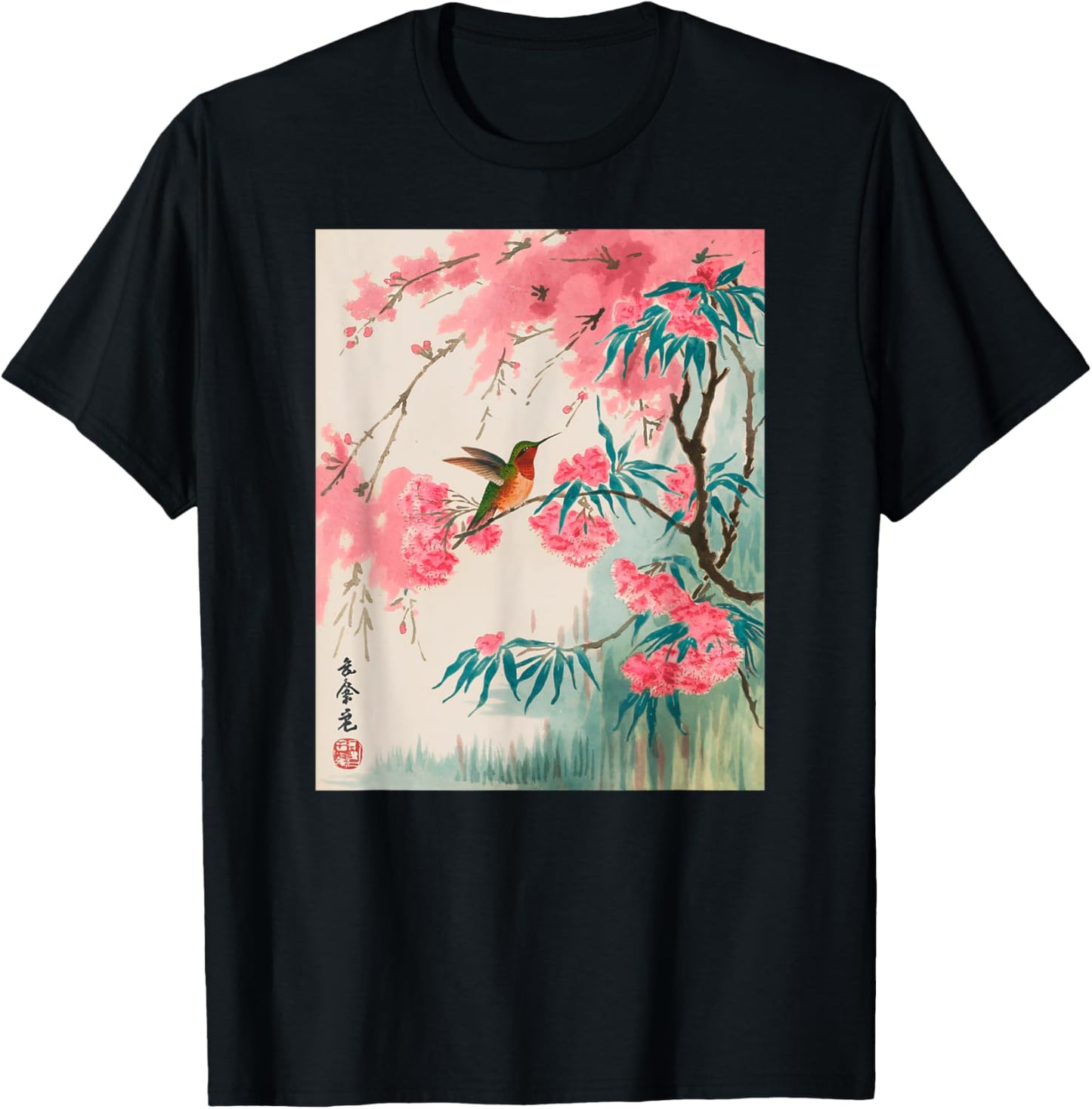 Hummingbird Japanese Art Kyosai Vintage Japan Artwork T-Shirt - T-Shirt | Black