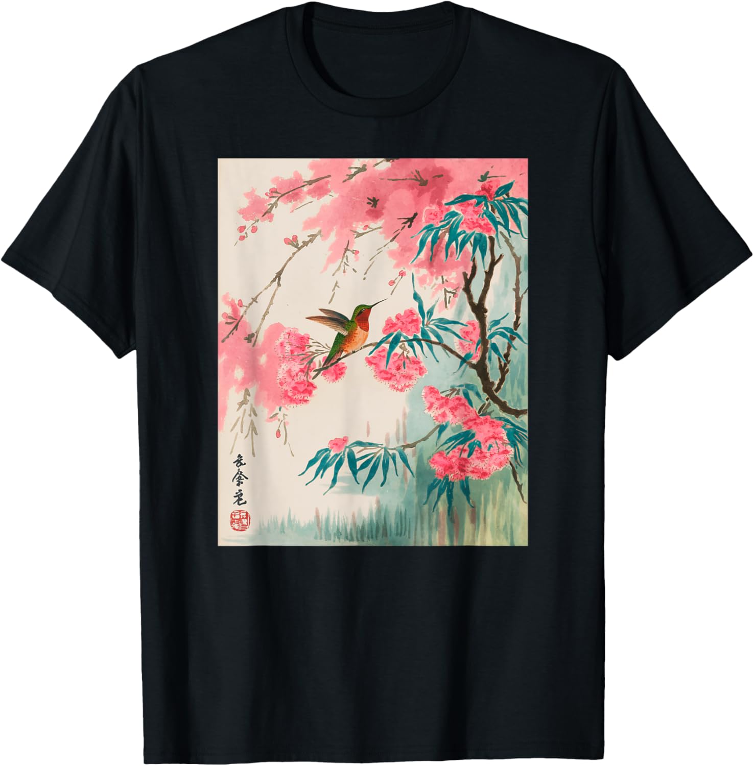 Hummingbird Japanese Art Kyosai Vintage Japan Artwork T-Shirt - T-Shirt | Black