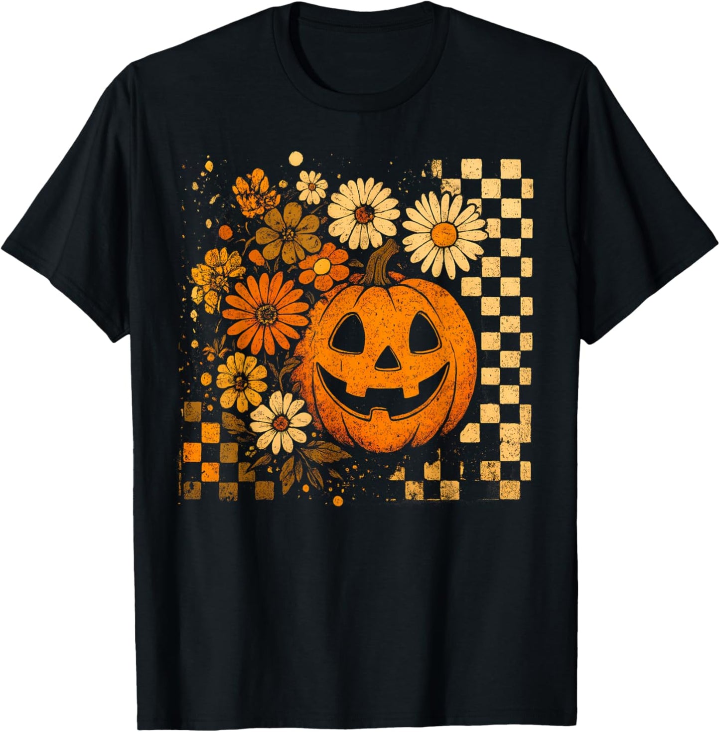 Retro Pumpkin Sunflower Daisy Thanksgiving Halloween Fall T-Shirt - T-Shirt | Black