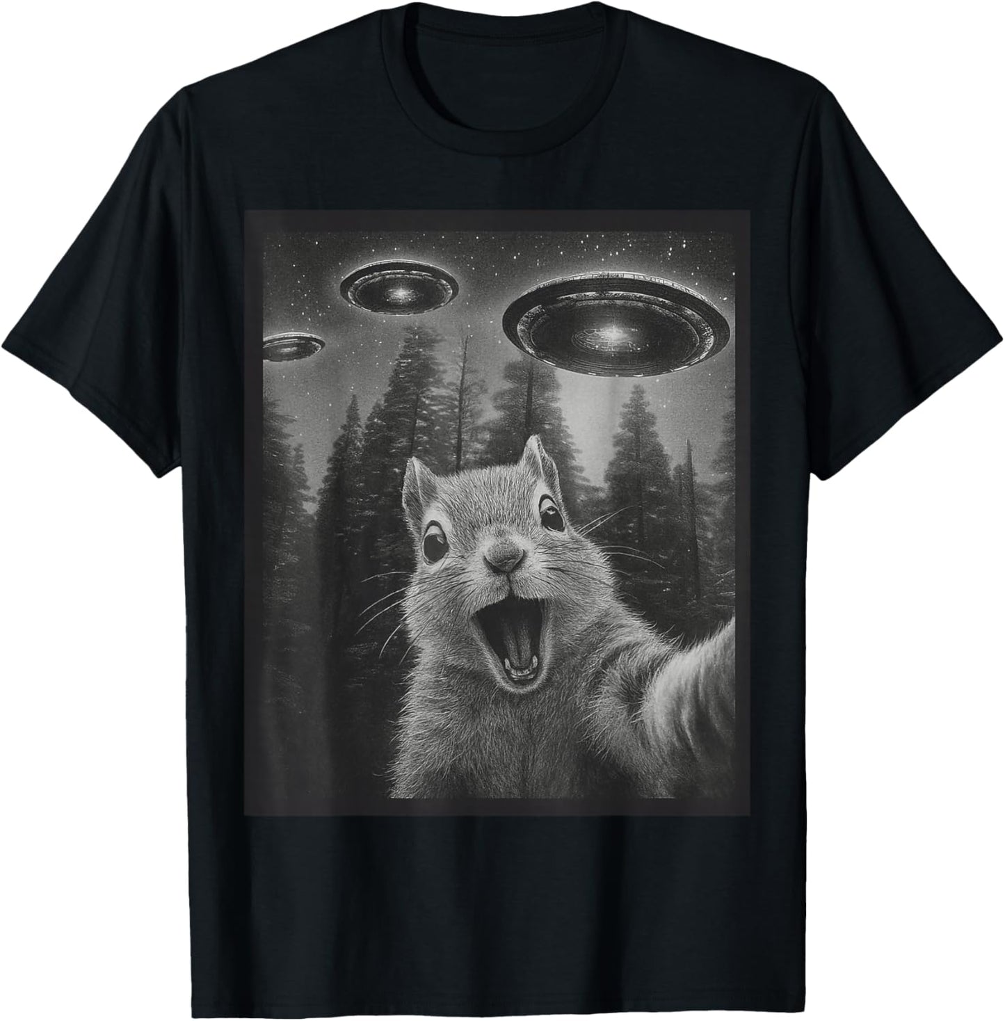 Funny Squirrel Selfie Alien UFO Gifts Women Boy Kid T-Shirt - T-Shirt | Black