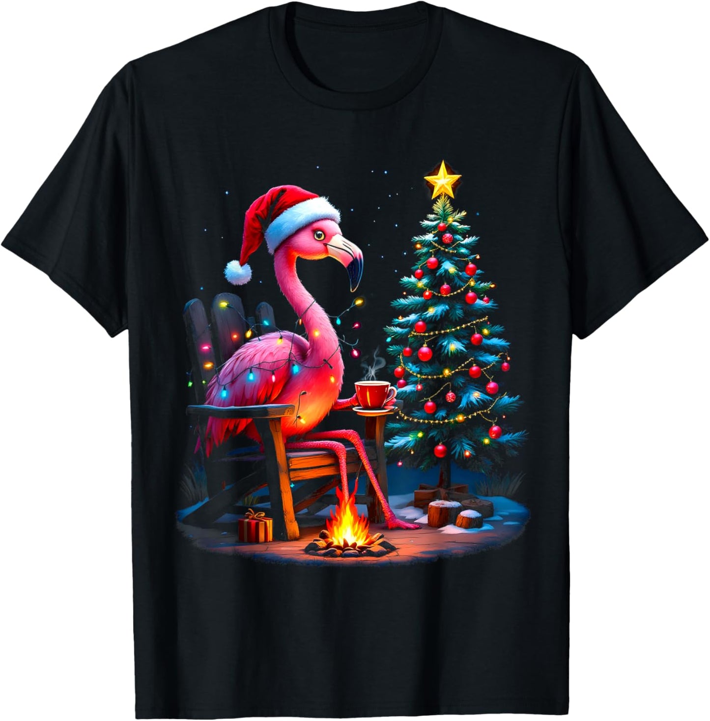 Funny Christmas Flamingo Santa Lights Winter Men Women Kids T-Shirt - T-Shirt | Black