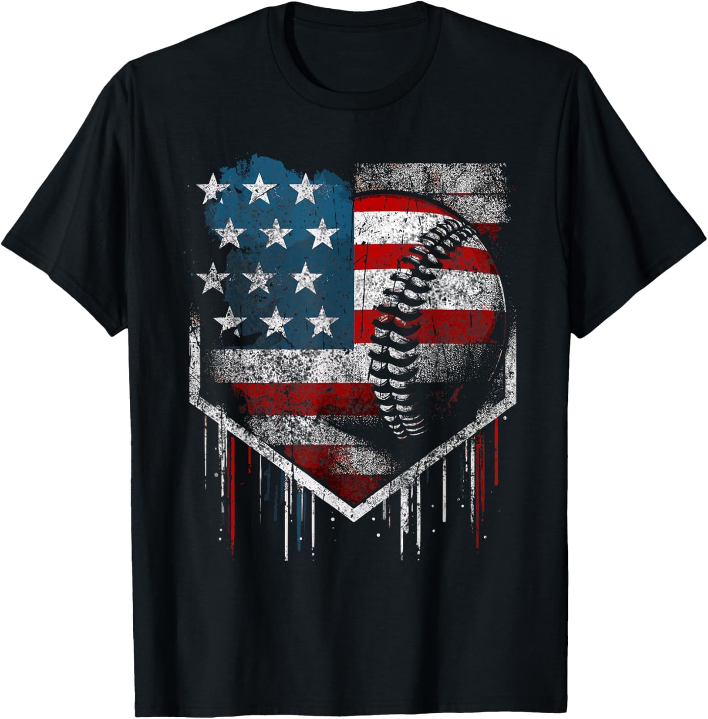Baseball Dripping Retro American Flag T-Shirt - T-Shirt | Black