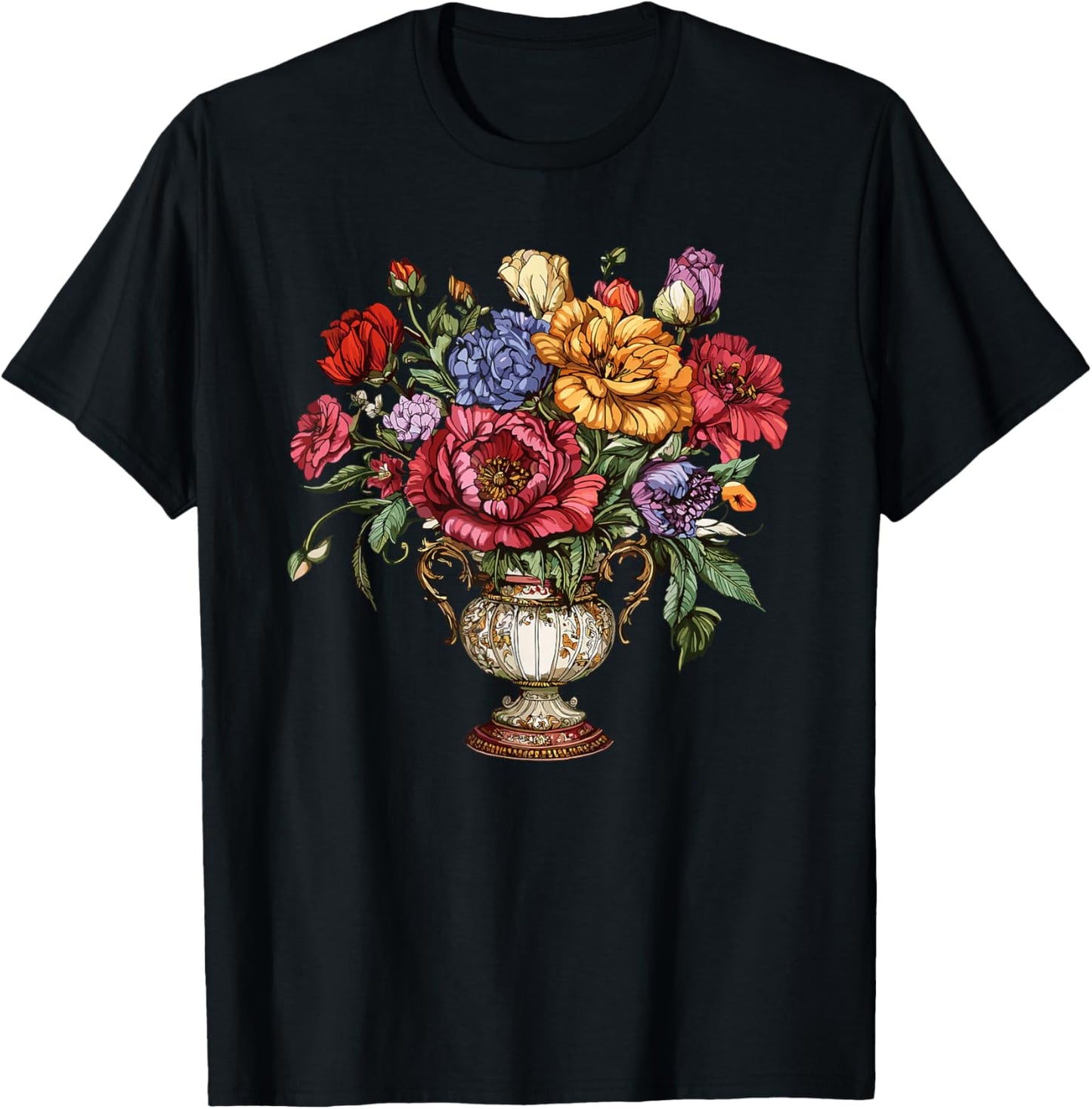 Victorian Floral Vase Elegant Bouquet Garden Flowers T-Shirt - T-Shirt | Black