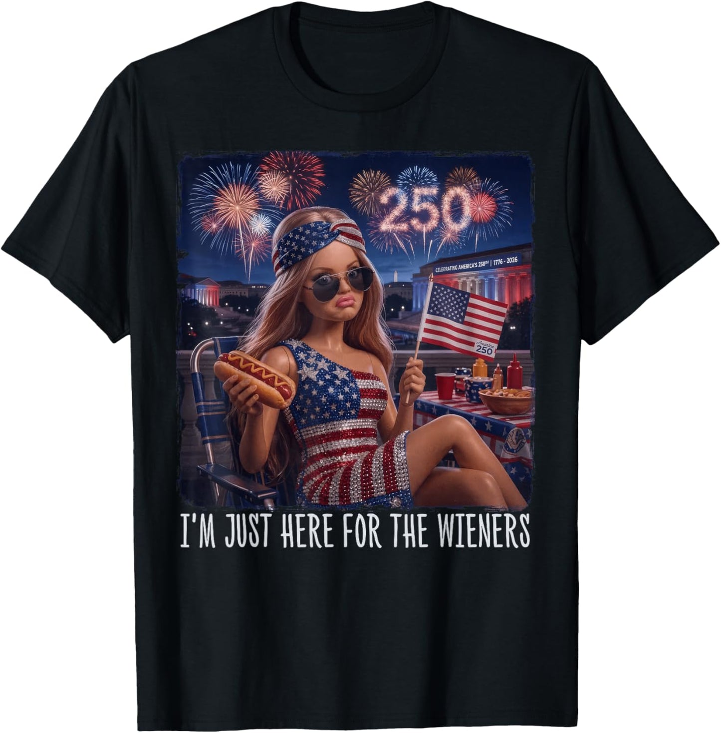 Just Here for The Wieners Funny 4th of July Girl Face Meme T-Shirt - T-Shirt | Black