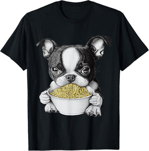 Cute Boston Terrier Puppy Eating Ramen Noodles T-Shirt - T-Shirt | Black
