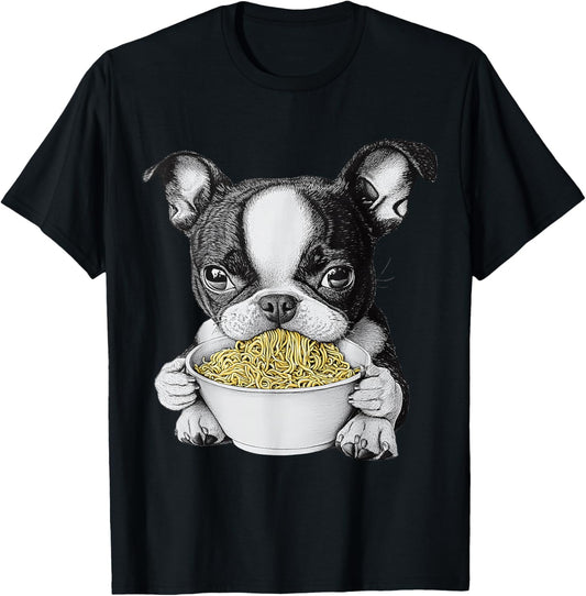 Cute Boston Terrier Puppy Eating Ramen Noodles T-Shirt - T-Shirt | Black