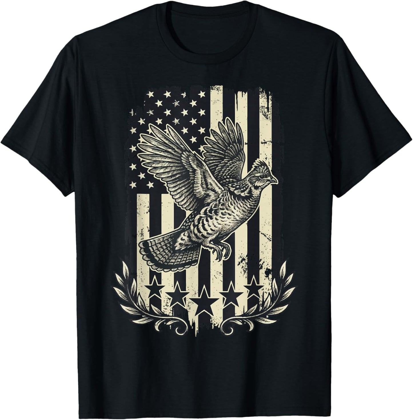 Ruffed Grouse USA Flag 4th of July Hunter T-Shirt - T-Shirt | Black