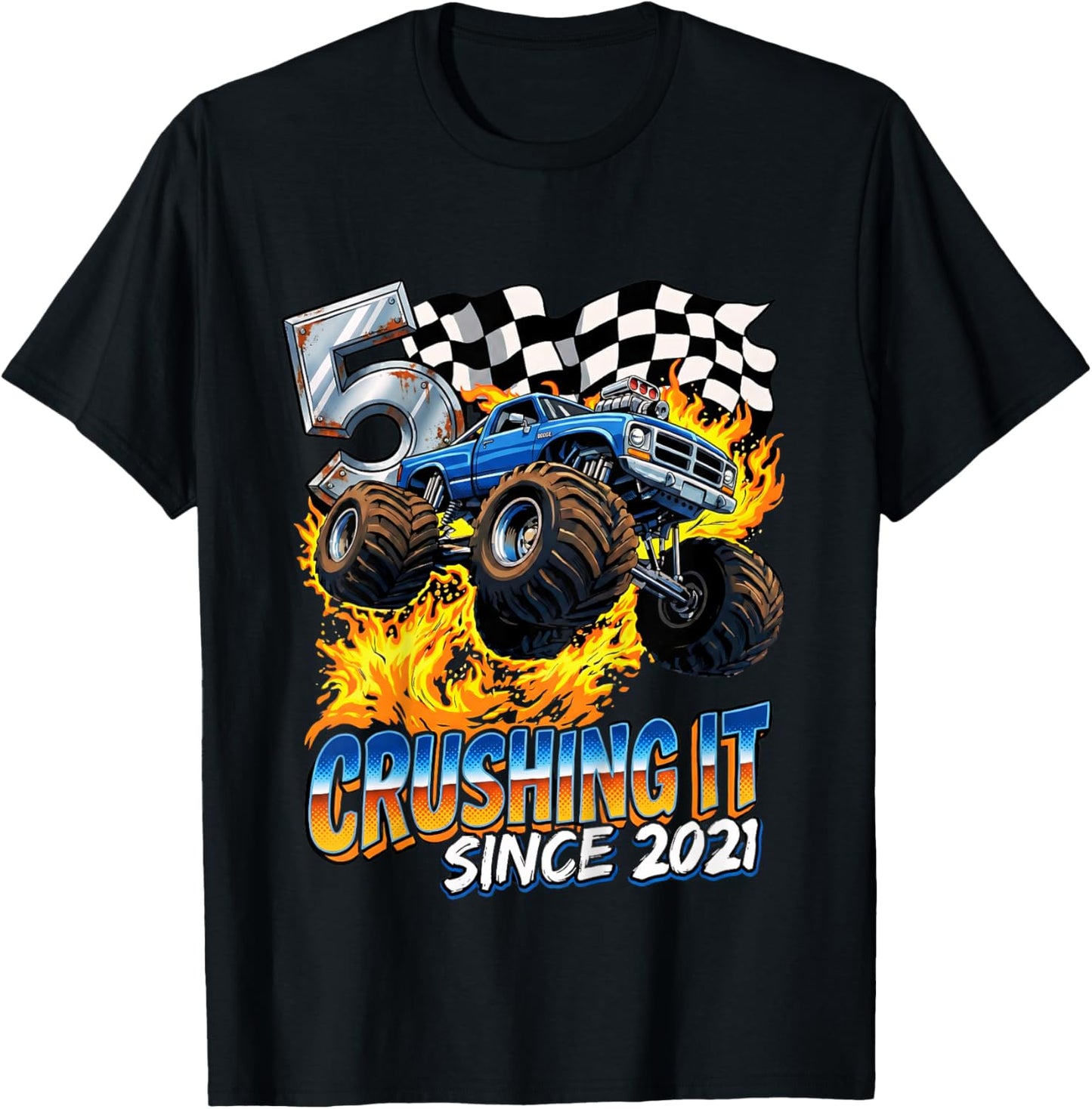 Kids Birthday Monster Truck Boys 5 Crushing It Since 2021 T-Shirt - T-Shirt | Black