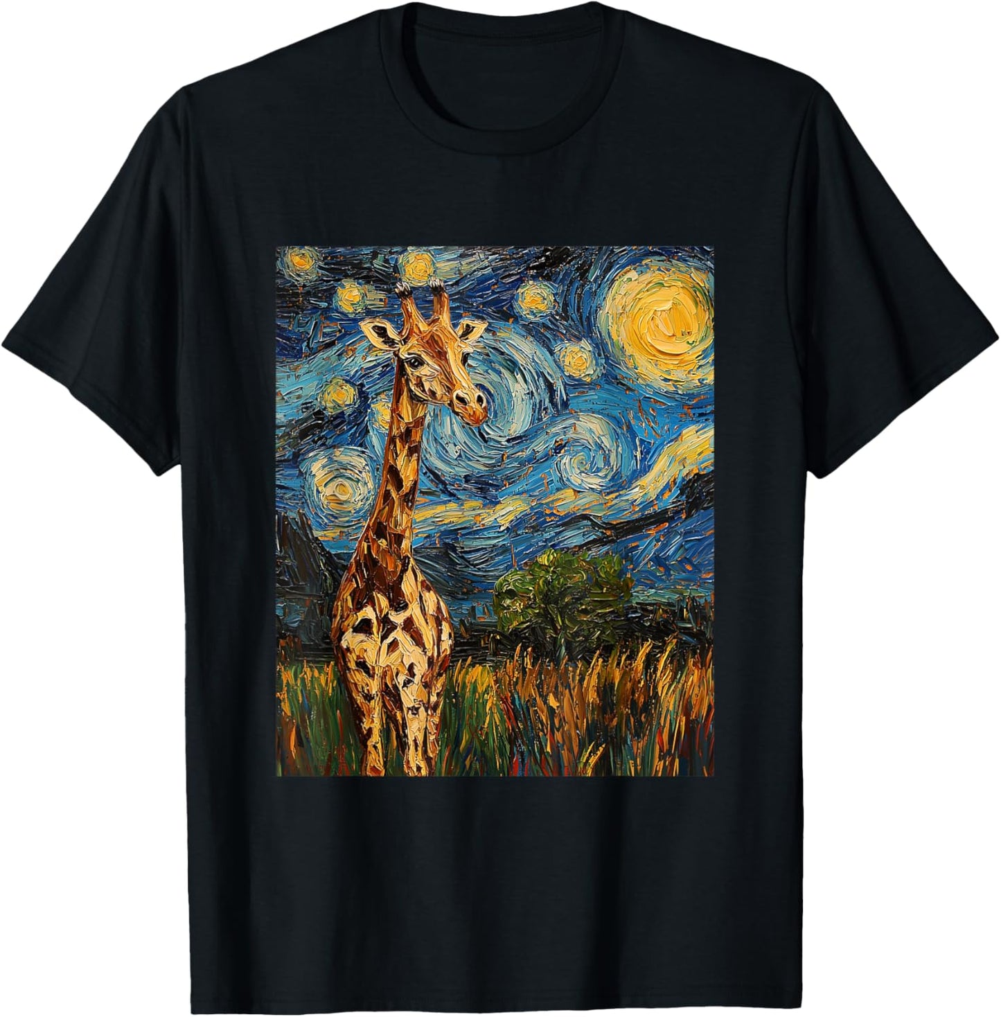 Cute Giraffe Africa - Van Gogh Style - Starry Night T-Shirt - T-Shirt | Black